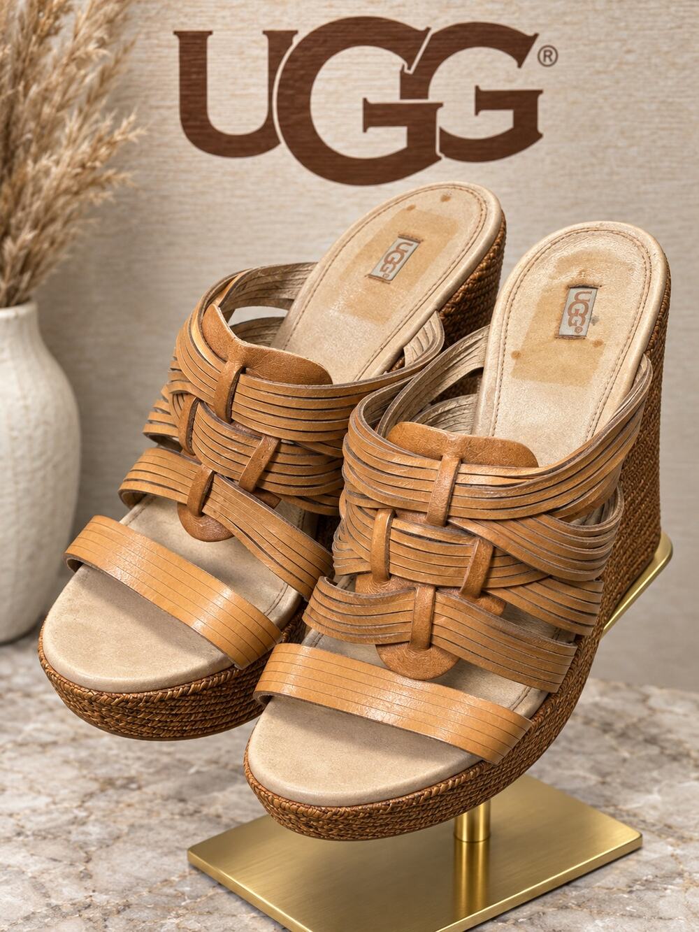 UGG Melinda Suntan Leather Woven Platform Wedge Sandals Size 11